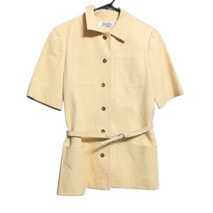 Mollie Parnis Butter Yellow Skinner Ultra Suede Belted Button Front Top